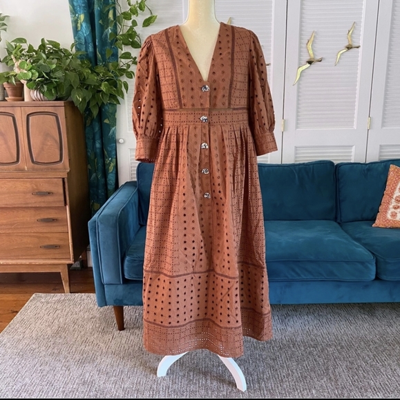 ASOS DESIGN | Button Through Broderie Midi Dress Brown Desert Bohemian New 12 - Picture 2 of 11